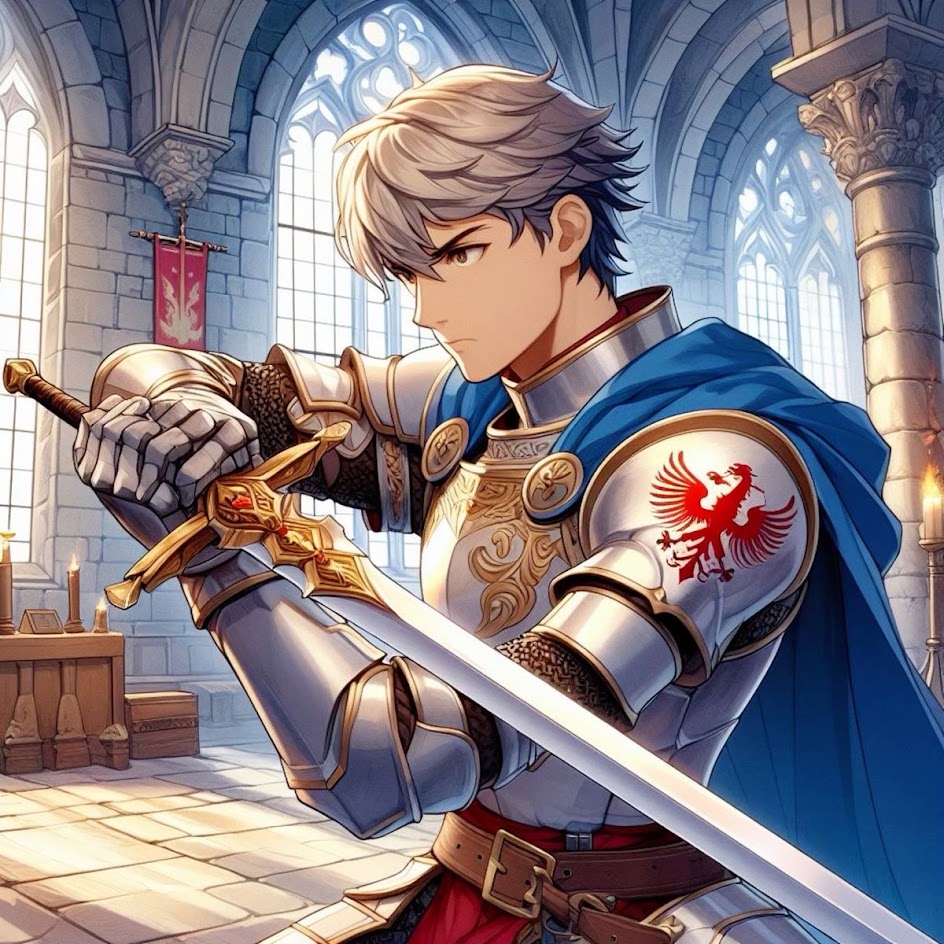 an animestyle illustration of a male knight standing in a church holding a sword in his right hand. he is wearing full armor with gold accents and a blue cape with a red eagle insignia. the light shines in through the stained glass windows of the church, casting the knight in a warm glow. he looks determined as he clutches his weapon, ready to face any challenge.