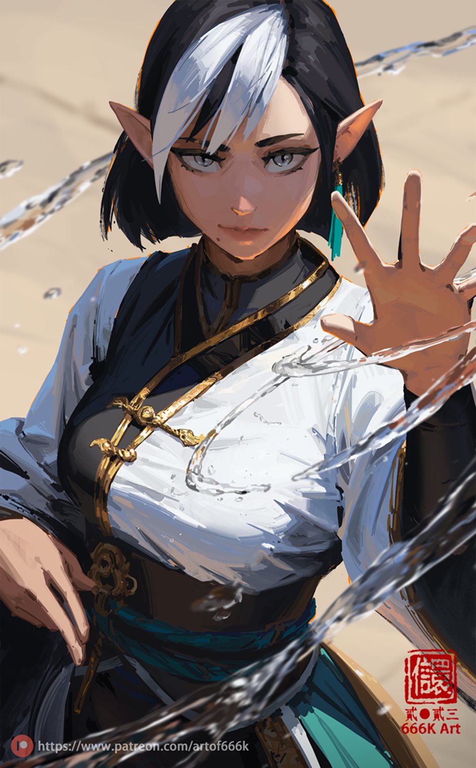 the image is a digital painting of a female elf character.  she has short, black hair with white streaks, pointed ears, and teal eyes. she's wearing an elegant, asianinspired outfit with gold accents and a teal sash.  water seems to be flowing around her, and she's in a desert setting. her expression is serious, and one of her hands is raised as if she's controlling the water. the artist's signature and patreon information are visible in the lower right corner.  the style is painterly and dynamic, with a focus on atmospheric effects and character design.