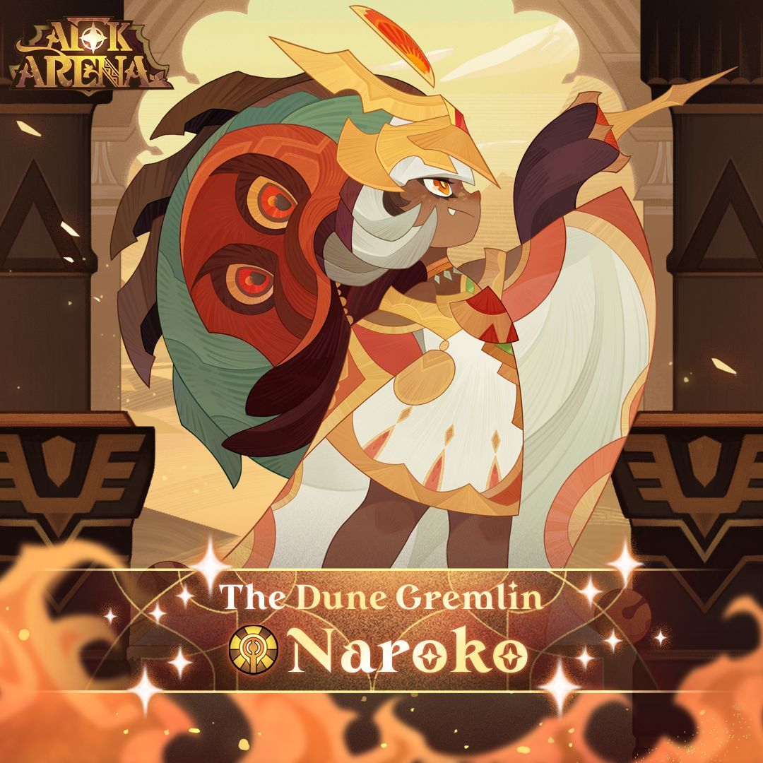 a digital illustration of naroko, the dune gremlin, from the mobile game afk arena. naroko is a darkskinned humanoid figure with white hair, adorned in gold and red armor and a flowing white cape. they hold a large, red, threeeyed mask in their left hand. the background features a desert landscape with crumbling ruins and fiery hues illuminating the scene from below.