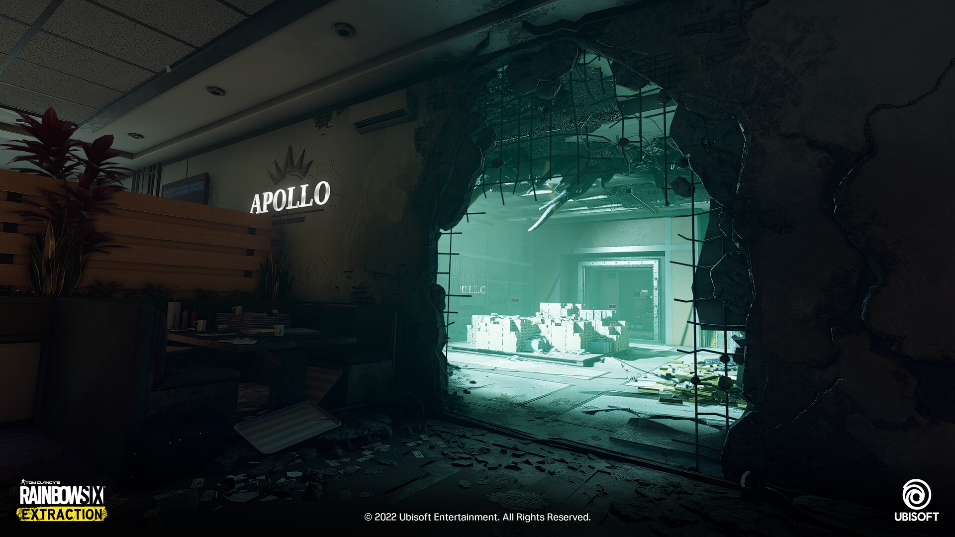 a dark and atmospheric interior scene from the video game rainbow six extraction. the camera is looking through a broken doorway into a hallway. the wall is heavily damaged, with large chunks of concrete missing. the doorway is partially obscured by rubble, and the light from the hallway is casting long shadows. the hallway is also dark and gritty, with debris scattered throughout. there is a faint green glow coming from the end of the hallway, which adds to the eerie and mysterious atmosphere. the image is stylized and cinematic, and it evokes a sense of danger and intrigue.