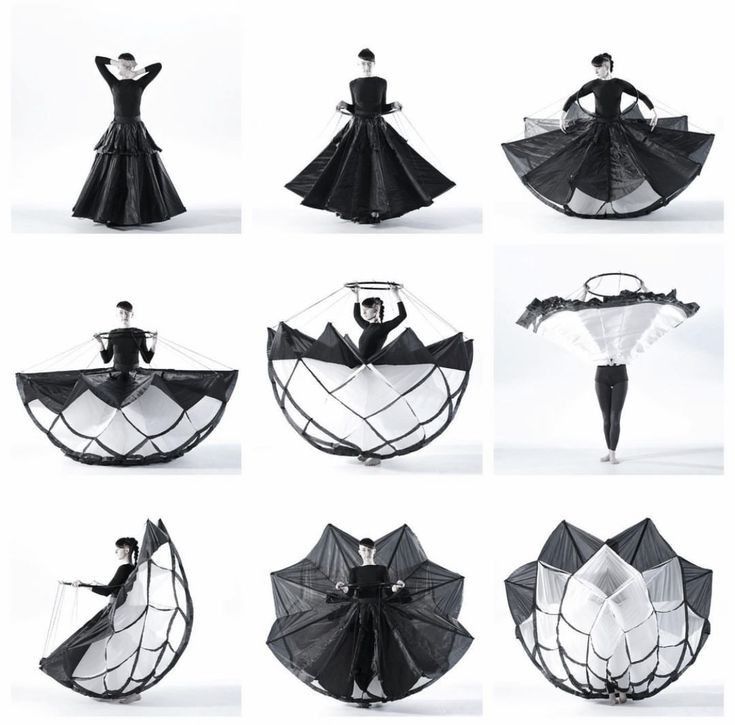 the image shows nine different poses of a person wearing a transformative costume. the costume starts as a long black dress and gradually unfolds into a complex structure resembling a flower, lantern, or abstract design. the color scheme is primarily black and white, emphasizing the shape and form of the evolving garment. the images are arranged in a 3x3 grid, showcasing the different stages of the costume's transformation. the background is plain, focusing attention on the model and the unique design of the clothing.