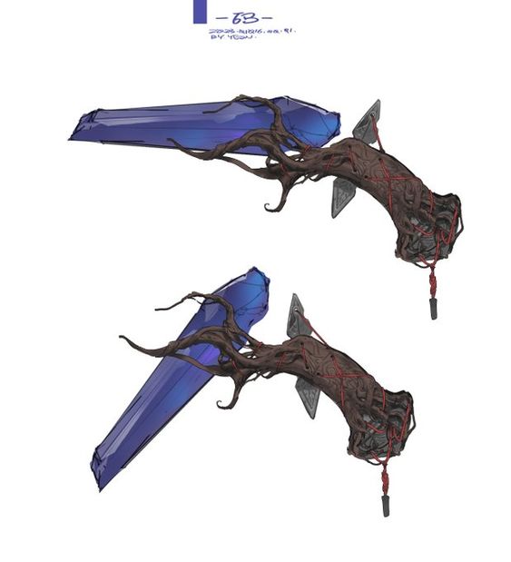 this concept art showcases two views of a fantastical gun crafted from wood and crystal.  the weapon has a gnarled, organic feel with a wooden body resembling intertwined branches and roots. a large, jagged shard of deep blue crystal forms the barrel and chamber. red cords and silver metal accents adorn the grip. the background is plain white, allowing the weapon design to take center stage.