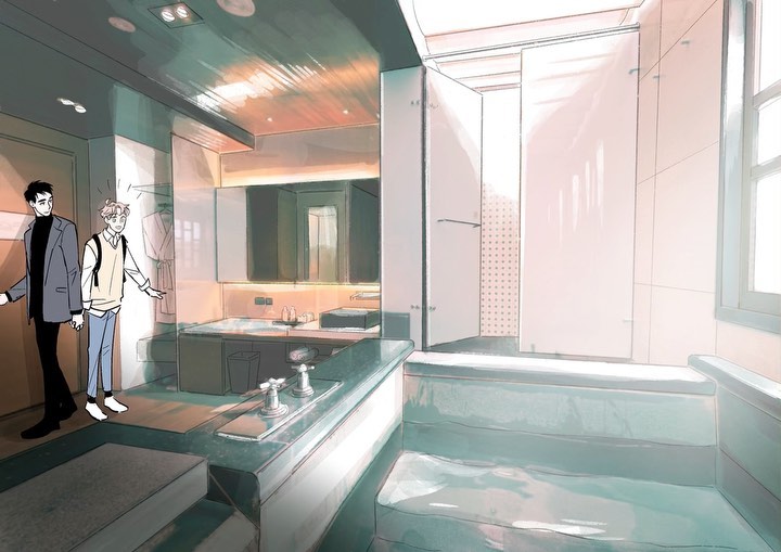 the illustration depicts a stylish, minimalist hotel bathroom or suite. two men, dressed casually, are standing near the entrance. the bathroom features a large walkin shower and tub, modern sinks and countertops, and a general feeling of luxury and cleanliness. the color palette is muted, with shades of teal, green, and beige dominating the scene, creating a calming and serene atmosphere. the art style leans towards a soft, almost watercolorlike digital rendering common in webtoons or manhwa. the image's focus is on the room's design and the presence of the couple, hinting at a moment of intimacy or shared travel.