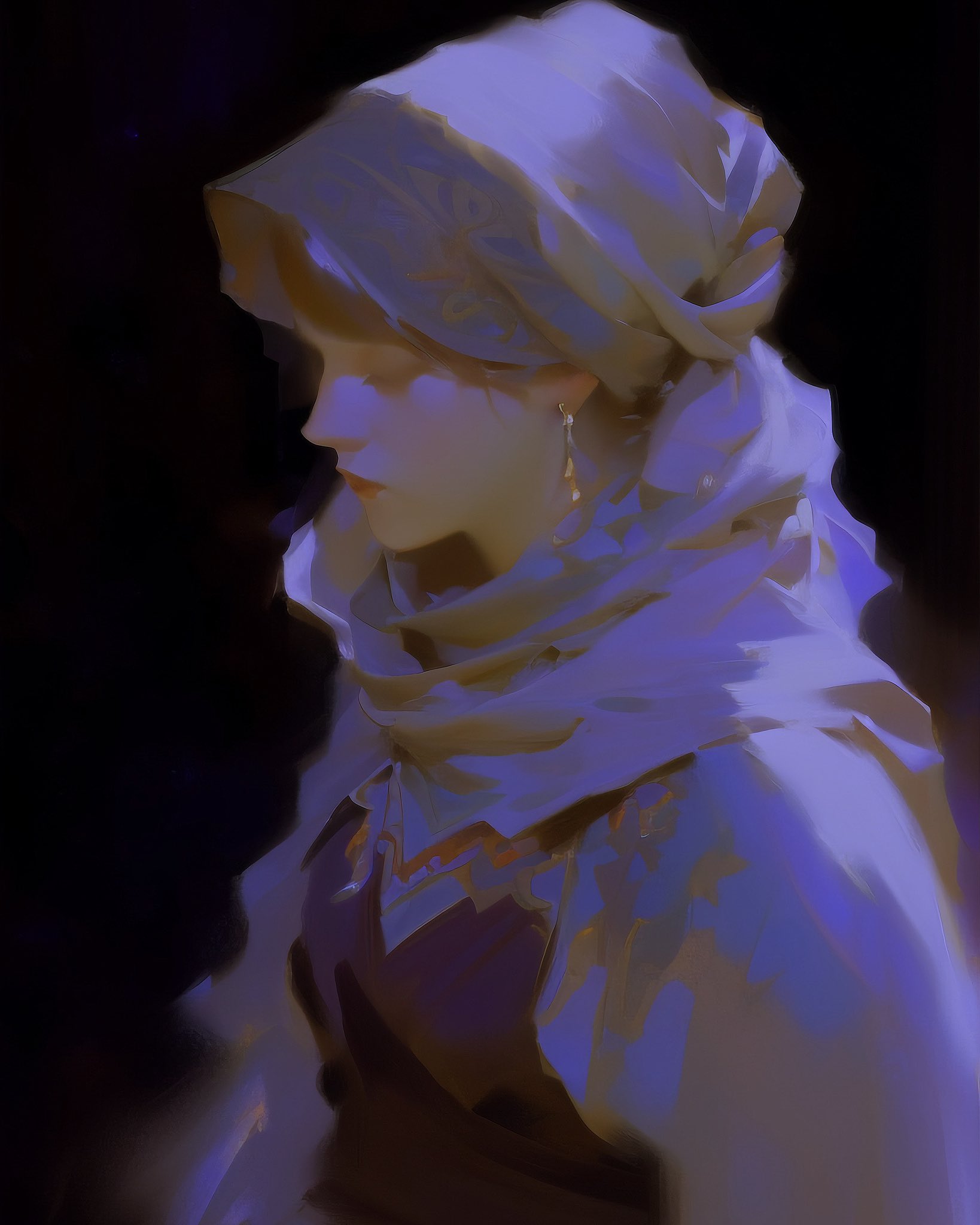 a digital painting of a woman with her head wrapped in a white scarf.  the woman's face is obscured by the scarf, but her eyes are visible, looking down. the painting is done in a dark and mysterious style, with only the woman's face and scarf illuminated by a soft light. the painting has a sense of elegance and beauty.