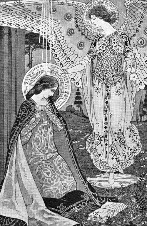 the image depicts the annunciation scene, featuring an angel with peacocklike wings and a halo standing before the virgin mary, who is kneeling and wearing a cloak. a book is on the ground in front of her. light rays descend from above towards mary. the angel extends a hand towards mary. both figures have halos, and they are set in an outdoor environment with flowers and trees. the image is done in a detailed, artistic style, rendered in black and white.