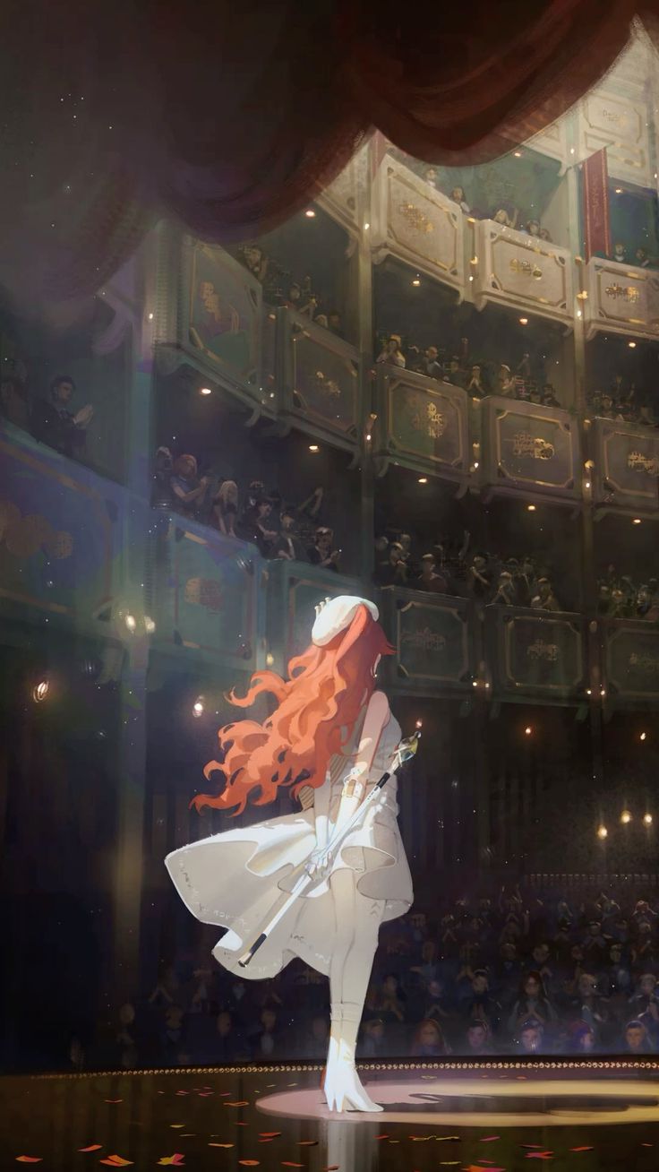 the image is of an anime girl with long red hair standing on a stage in a theater. she is wearing a white dress and is holding a white staff. she is facing away from the viewer, and there is a spotlight on her. the audience is seated in the balconies surrounding the stage, and they are looking up at her. the scene is magical and fantasylike. the girl's long red hair blows in the wind and she is looking up, as if she is lost in thought.