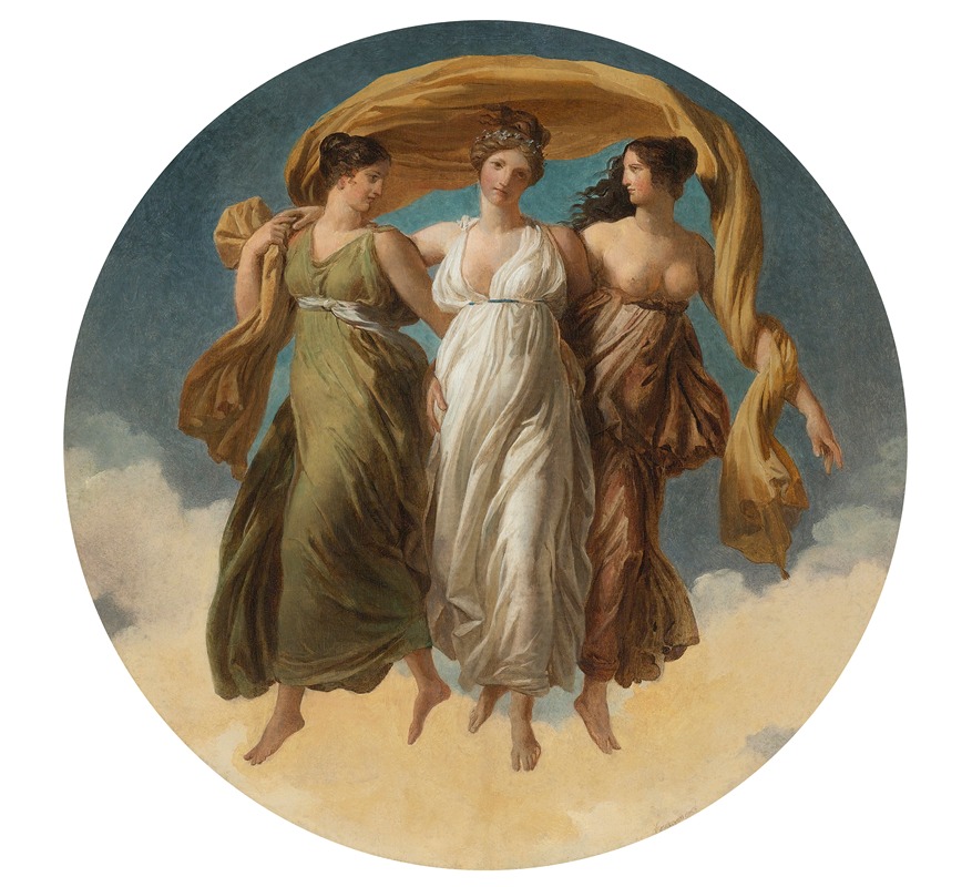 the image shows a circular painting depicting three women in flowing robes against a backdrop of sky and clouds. the women are rendered in a classical style, reminiscent of ancient greek art, often referred to as the three graces. each woman is draped in a different colored gown: one in green, one in white, and one in brown. a golden yellow cloth is draped across the three women. they are positioned close together, with their hands gently touching, their feet hovering above the clouds. the painting style is reminiscent of neoclassical art, focusing on idealized forms and classical themes.