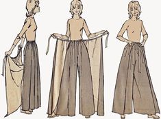 this is a vintage fashion illustration showing how to wear a pair of convertible pants/skirt. the illustration features three views of a woman modeling the garment in different configurations.  the first view shows the garment styled as a skirt, the second as wideleg pants, and the third as gaucho pants.  the line drawing style and color palette are characteristic of 1970s fashion illustrations.