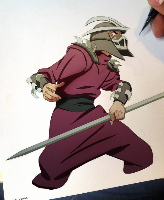 shredder is a villain from the teenage mutant ninja turtles franchise, known for his imposing physique and wicked weaponry. this artwork depicts shredder in a dynamic pose, wielding a sword and showcasing his menacing expression. the illustration is meticulously crafted, with detailed lines and shading that bring the character to life. the artist has captured shredder's essence, making him appear both menacing and powerful. the artwork suggests a high level of skill and attention to detail, making it a compelling piece for fans of the franchise.