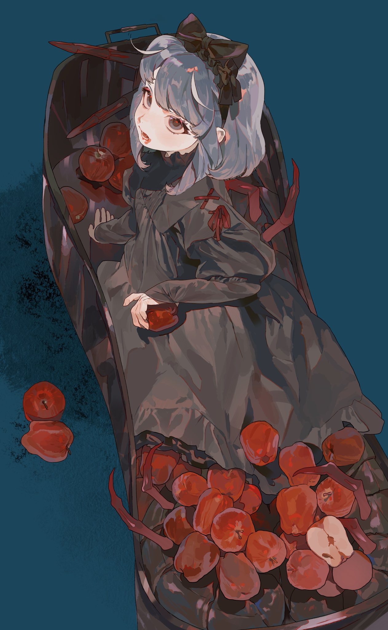 an anime girl with short blue hair and a black bow in her hair is lying in a black basket filled with red apples. she is wearing a black dress with ribbons. two apples are floating outside of the basket.