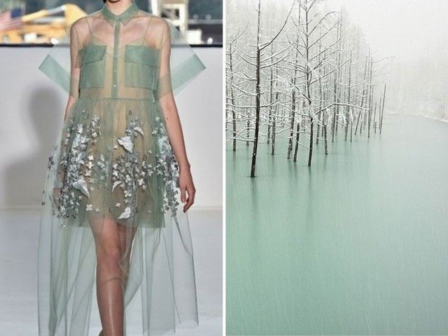 the image is a split image, on the left side is a model in a green dress, on the right side is an image of a snow covered lake. the dress is a light green color, and it is sheer. the model is walking towards the camera, and her legs are long and toned. the dress is decorated with intricate floral embroidery. the right side of the image shows a snowy lake with bare trees coming out of it. the lake is a light blue color. the two images are juxtaposed together, creating a visually appealing contrast. the image is a great example of how fashion and nature can be combined to create something beautiful and unique.