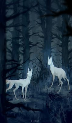 the image depicts two ethereal, ghostly white deer in a dark, bluetoned forest. the deer have glowing white eyes, adding to the eerie and supernatural atmosphere. the trees are bare, and the scene is bathed in a cool, moonlightlike illumination, creating a fantasylike and slightly unsettling illustration.