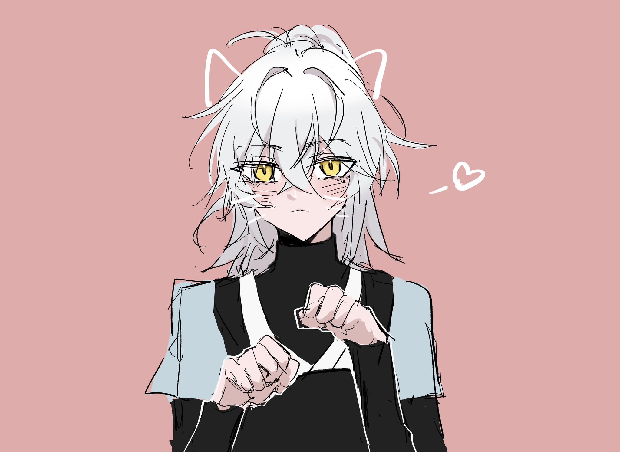an animestyle drawing of a girl with white hair and yellow eyes. she is wearing a black and white outfit with cat ears and is blushing and smiling. she is surrounded by hearts and has a cute expression on her face. the artwork is drawn in a cartoon style and has a cute and adorable aesthetic.
