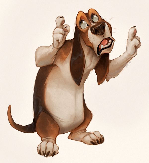 cartoon illustration of a basset hound dog in a surprised or shocked expression. the dog is standing on its hind legs with its front paws raised and pointing its fingers. it has large, expressive eyes and its mouth is open, showing its teeth. the dog is brown, white, and beige in color.