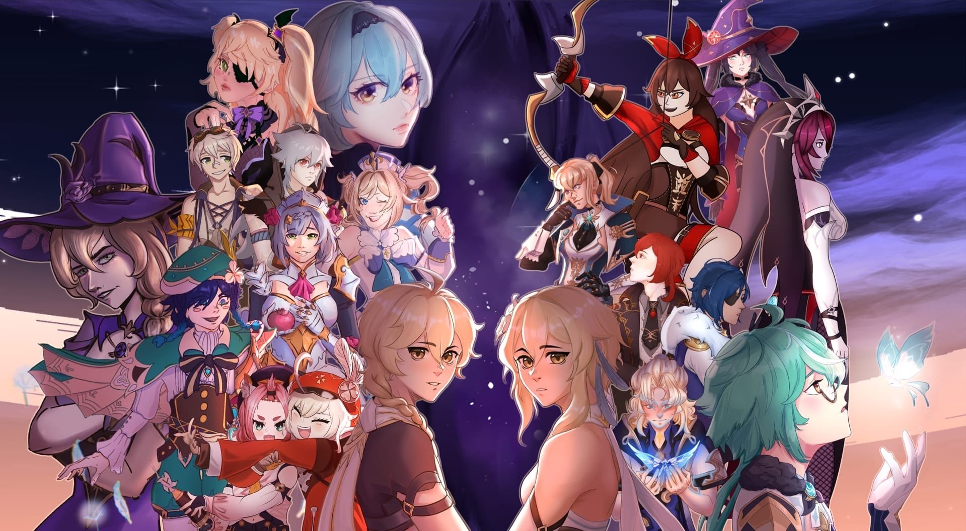 the image is a vibrant and colorful depiction of a group of anime characters from the popular video game genshin impact. the characters are arranged in a visually striking composition, with some characters standing in the forefront and others positioned in the background. the characters are all unique and possess distinct personalities, appearances, and abilities. the overall artwork exudes a sense of adventure, fantasy, and excitement, making it a visually appealing and engaging piece.