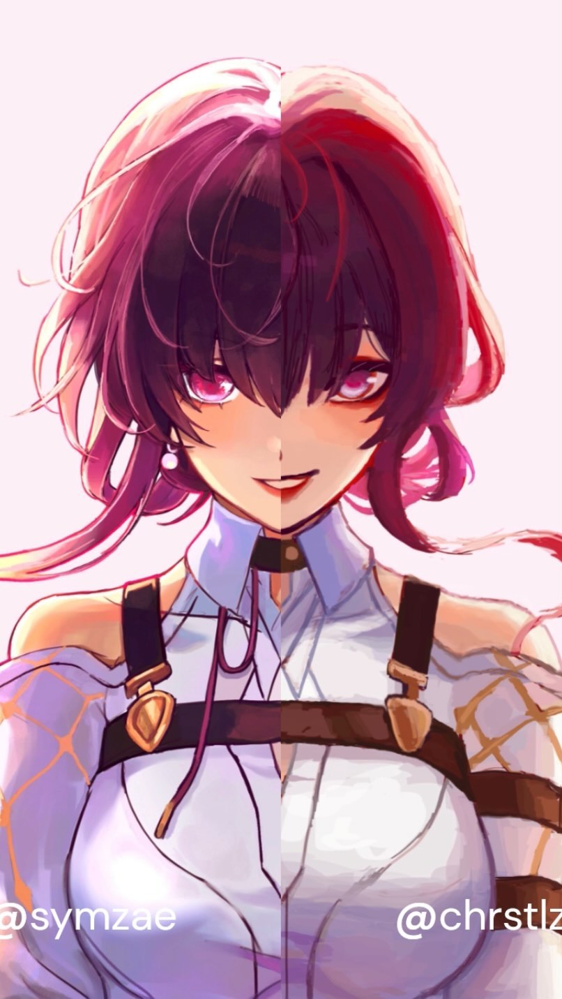 the image is a digital fanart depicting an animestyle female character. she has long, layered hair that's a blend of purple, pink, and red hues. her eyes are a vibrant pink, and she has a subtle, confident smirk.  the character is dressed in a white, collared shirt with brown straps and gold accents that resemble a harness or straps. the art style is soft and painterly, with vibrant colors and soft lighting. the overall aesthetic is quite cute and pretty. the artists' usernames (@symzae and @chrstlz) are watermarked in the image.