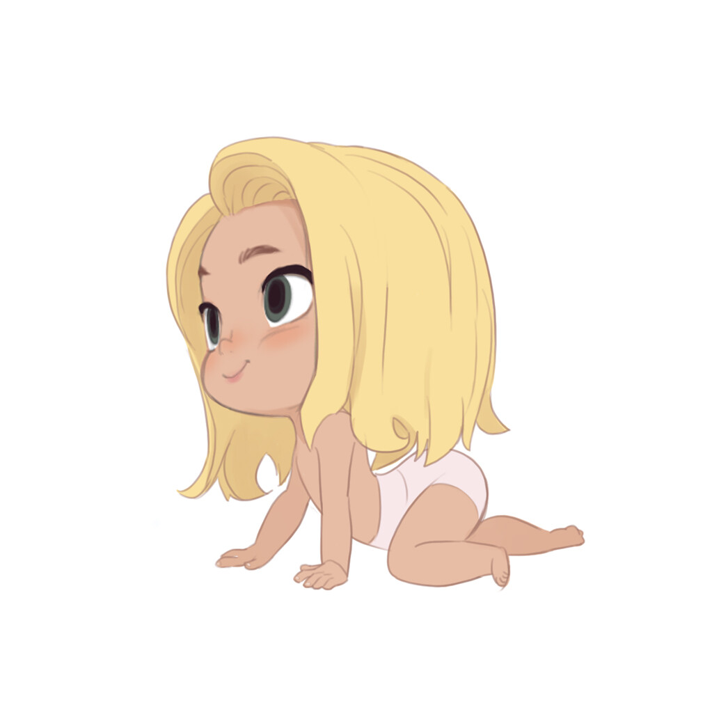 a cute, cartoonstyle baby girl with big green eyes and long blonde hair is crawling. she has a happy expression on her face. the art style is soft and rounded, giving the image a warm and childlike feel.