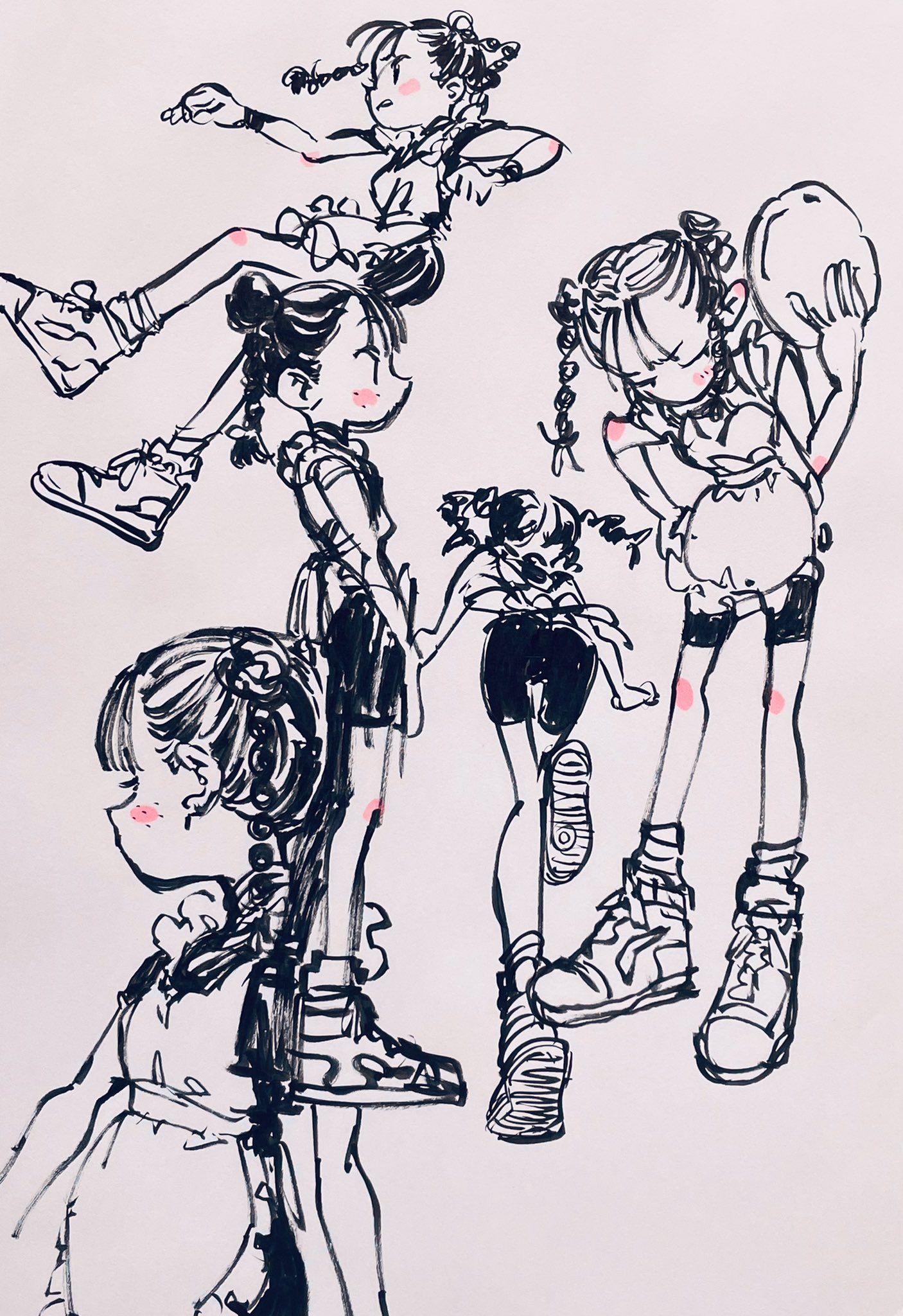 this image is a black and white ink drawing of a young girl in various dynamic poses. she is wearing a loose dress over athletic shorts and sneakers. the drawings are loose and expressive with minimal detail. there are light pink accents on her elbows and knees.