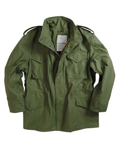 this is a fulllength view of a men's green field jacket. the jacket is a classic military style, with a buttonup front, two large flap pockets, and a drawstring hood. the jacket is made of a durable, waterresistant fabric.