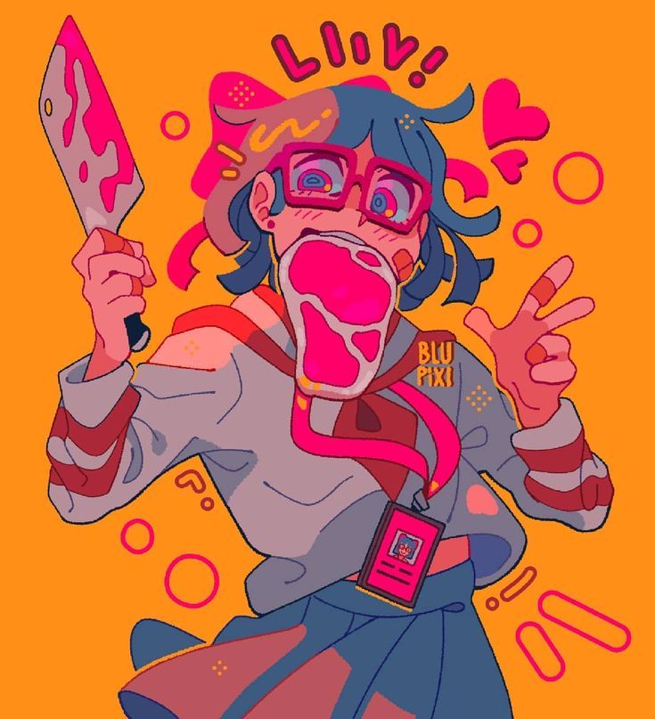 the image is a vibrant, colorful digital illustration in an anime/manga style.  it depicts a cheerful, energetic girl, possibly a schoolgirl, wearing a uniform and glasses. she is holding a bloody butcher knife in one hand and making a peace sign with the other.  a large, cartoonish steak obscures her mouth, appearing to be part of a playful and slightly morbid aesthetic.  the background is a bright orange, and various playful doodles and shapes surround the figure. the overall style is a mix of kawaii and slightly unsettling elements.  the artist's signature, "blu pixi," is visible on the girl's lanyard.
