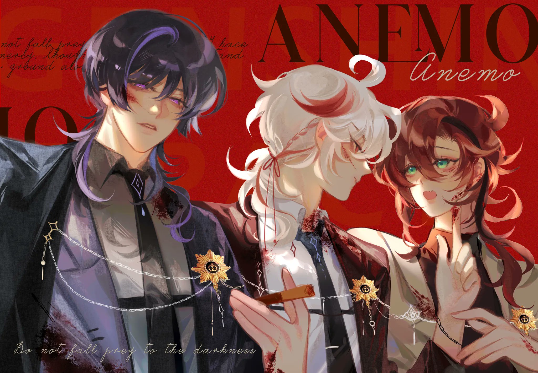 the image is a piece of animestyle fanart, likely inspired by genshin impact, featuring three male characters. they appear stylish and elegant, dressed in dark suits and adorned with chains and decorative accessories. the background is a deep red, creating a dramatic contrast with the characters' attire.  the characters show signs of injury, with blood visible on their clothing and faces, adding to the dark and intense atmosphere. their expressions are serious and intense.  the overall style is stylized and painterly, with a focus on expression and atmosphere. the word "anemo" is prominently displayed, possibly referencing an element or faction within the source material.