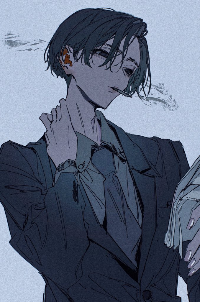 an anime portrait of a male character in a suit and tie, smoking a cigarette. he is looking down with a cool and stylish expression. the background is blue and white. the character is drawn in a detailed and realistic style.