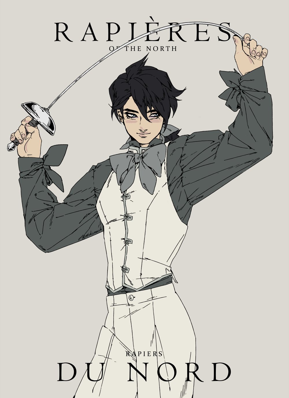 this illustration depicts a man dressed in a stylish white vest and black pants, standing with a rapier in hand and an intense expression on his face. he appears to be a fencer or warrior, his posture and weapon suggesting a sense of focus and readiness for action. the artistic style is reminiscent of manga or anime, with stylized features and bold lines. the background is a simple gray, allowing the character to stand out prominently.