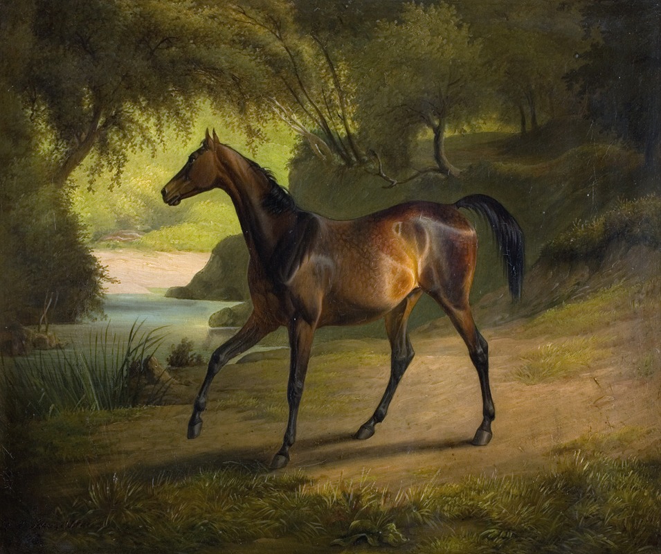 the image is a classical painting of a brown horse standing in a natural landscape. the horse is the primary subject, and it is positioned on a grassy path near a small stream or river. trees surround the horse and the water, creating a wooded, countryside scene. the style of the painting is traditional and suggests a vintage or antique quality.