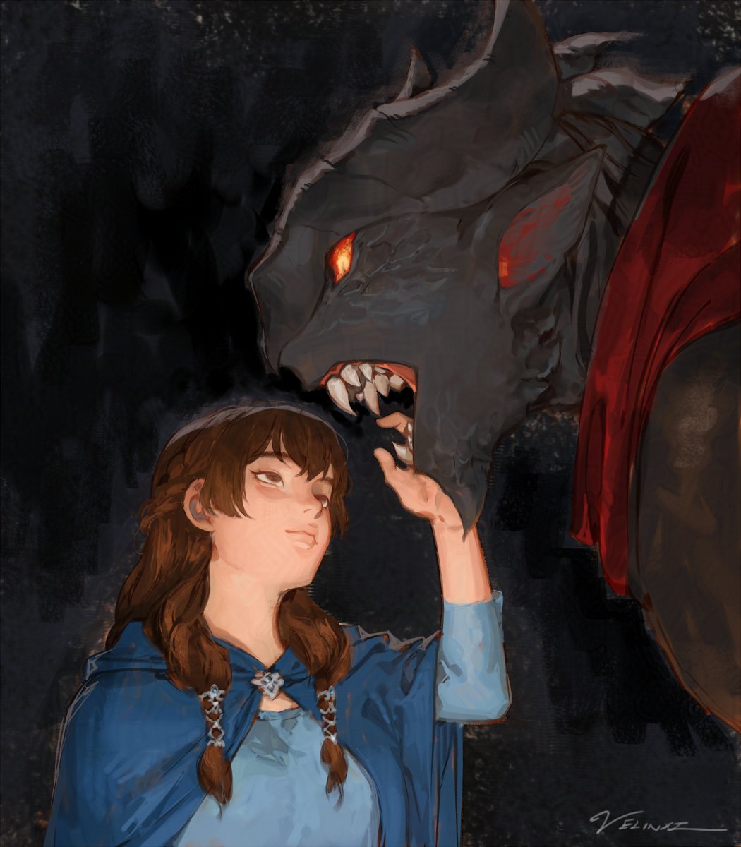 a digitally painted fantasy art piece featuring a young woman and a large, monstrous wolf. the woman is on the left, wearing a blue cloak and dress, with her hand raised towards the wolf's snout. she has brown hair styled in braids and bangs. the wolf is on the right, significantly larger than the woman, with sharp teeth and glowing orange eyes. it is mostly black/gray, with a red cloak draped over part of its body. the background is dark and shadowy, suggesting a forest or another mysterious location. the style is painterly, with visible brushstrokes, giving it an artistic, handdrawn feel.
