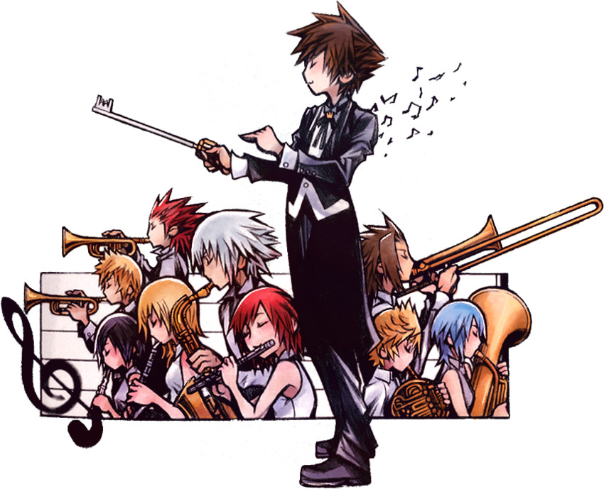 the image features characters from the kingdom hearts video game series playing musical instruments as an orchestra, with sora as the conductor. from left to right, the characters are xion on clarinet, namine on oboe, kairi on french horn, riku on trumpet, sora (conductor), roxas on flute, axel on trombone, and another sora on tuba. the background is white with a musical staff and notes.
