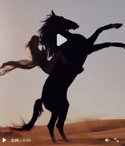 a silhouette of a woman riding a rearing horse in a desert landscape, likely at sunset or dusk. the horse is standing on its hind legs, and the woman is holding on, with her hair or a scarf blowing in the wind. sand dunes are visible in the background. a play button suggests this is a video still.