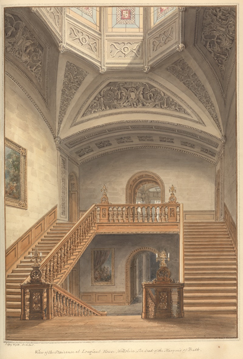 this is a watercolor painting of the interior of longleat house, wiltshire, the seat of the marquis of bath, focusing on the staircase. the image depicts a grand staircase with wooden railings and balustrades, leading to an upper gallery. the architecture is ornate, featuring arches, elaborate ceiling designs, and decorative details. a gallery is visible above the staircase, with an arched opening. stained glass windows are present in the ceiling. the painting is a detailed architectural rendering, capturing the grandeur and elegance of the interior space.