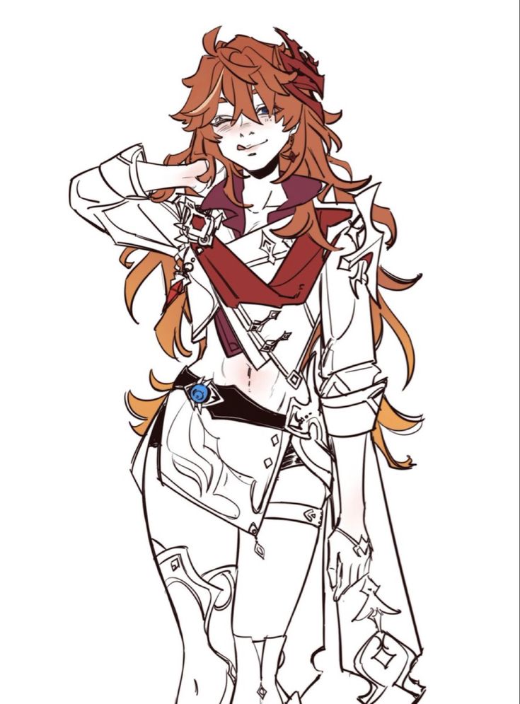 the image is a piece of fanart depicting klee, a character from the popular video game genshin impact.  the art style is animeinspired, showcasing a dynamic and playful pose.  klee is drawn with her signature long, bright orange hair,  a partiallyvisible midriff, and a white and red outfit with detailed armor elements. the linework is clean and confident, with a few areas of color added for accents, particularly in her hair and outfit. the overall impression is cheerful and vibrant, reflecting klee's personality in the game.  the art shows a level of skill and attention to detail, suggesting it's a work by an artist familiar with the character and art style.