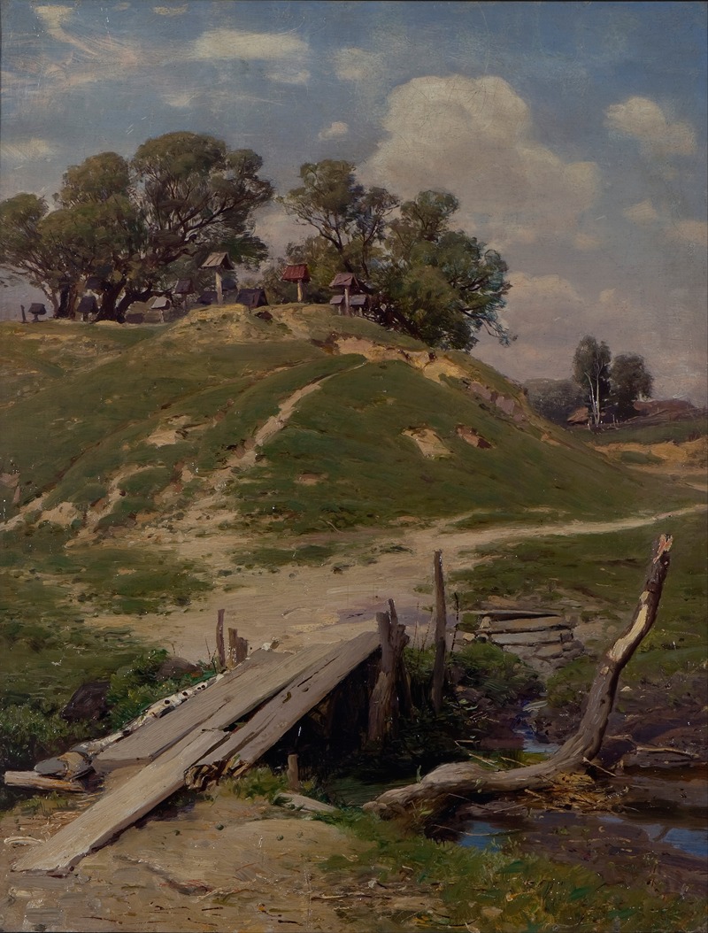 the image is a landscape painting featuring a green hill with a path leading to the top, where several wooden crosses are located among trees. the sky is blue with white clouds. a small, rickety wooden bridge crosses a stream in the foreground. a village is visible in the distance.