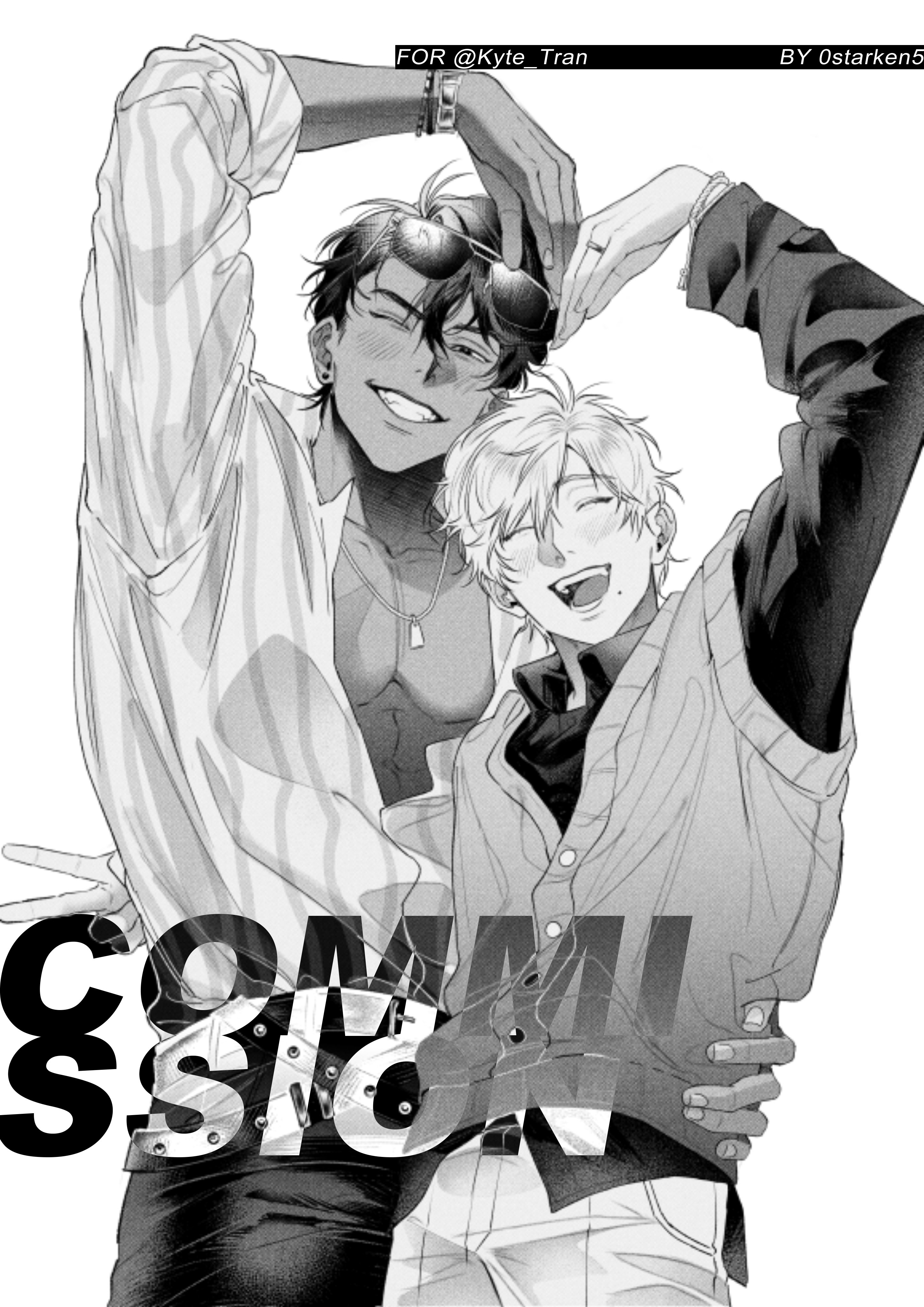 a black and white illustration of two men embracing. they are both smiling and look very happy to be together. the man on the left