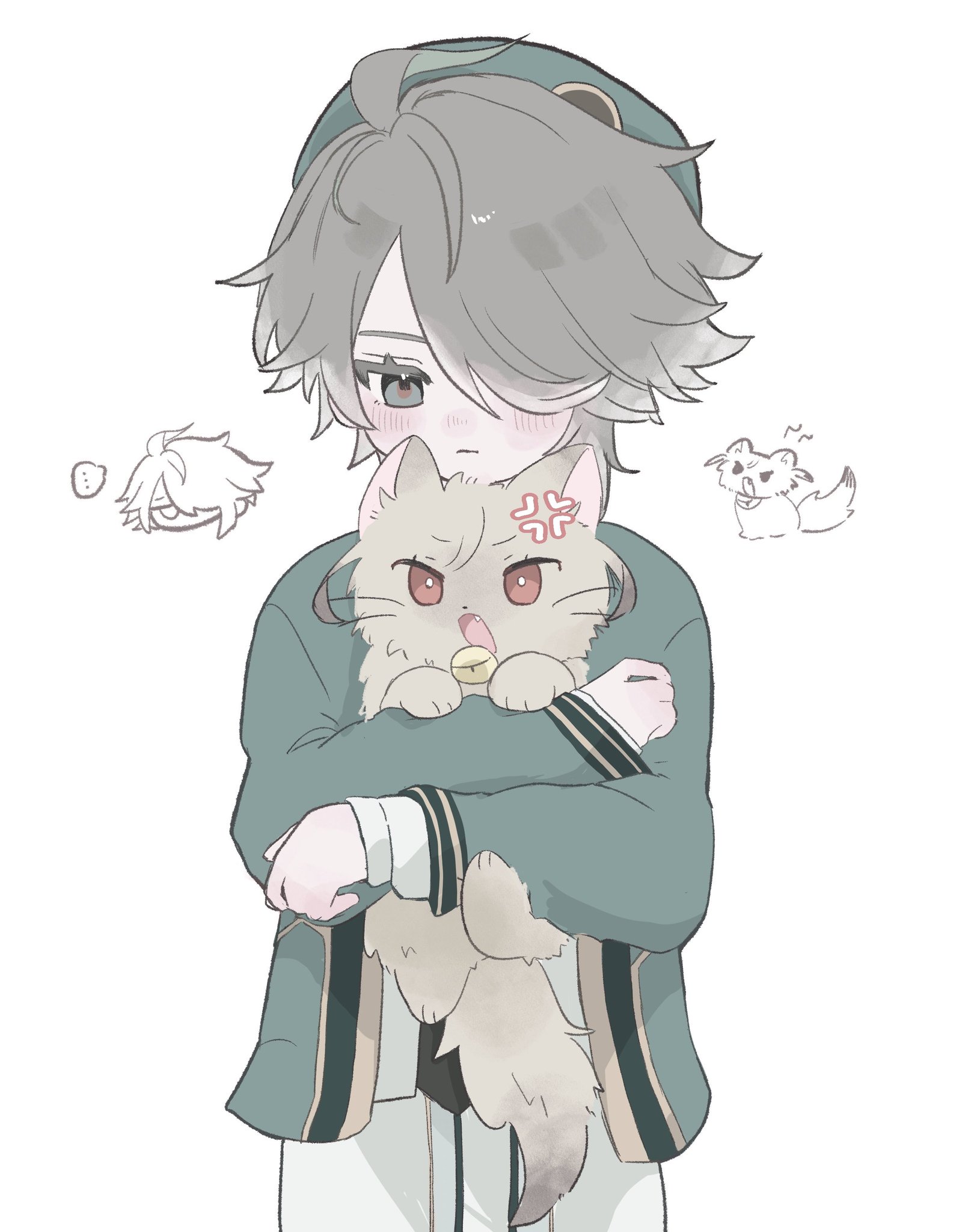 he image is a digital drawing or painting in an anime/manga style. it depicts a young boy with grey hair, wearing a tealgreen jacket and lightcolored pants. he's hugging a small, fluffy, light grey kitten that appears to be angry.  the boy has a slightly concerned or upset expression. in the background, there are small, sketchy drawings of other smaller animals or characters, suggesting a playful or lighthearted narrative. the overall style is soft and pastelcolored, giving a gentle and cute impression.