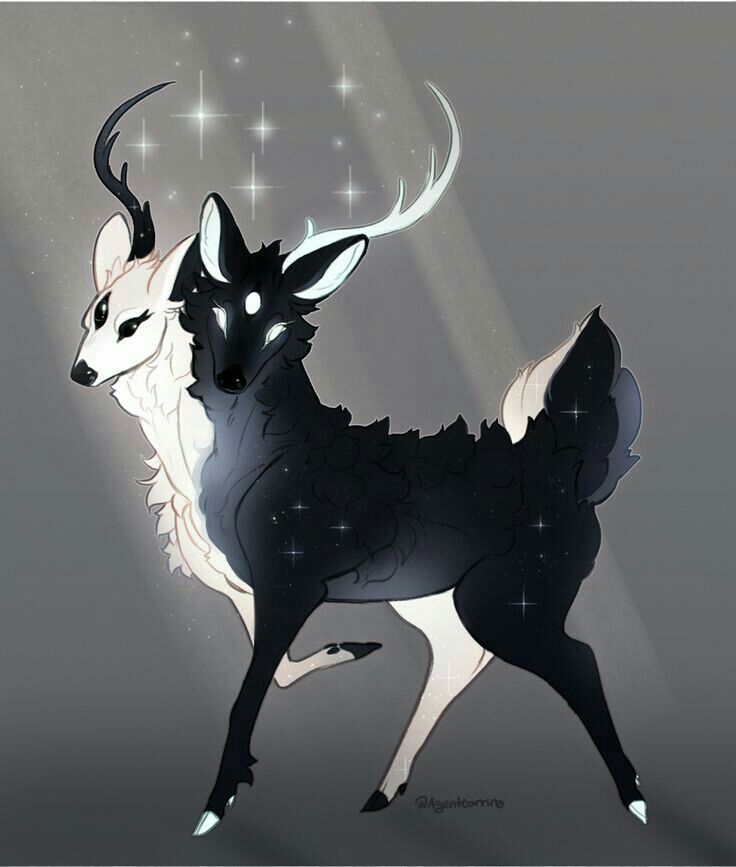 a digital illustration of a twoheaded deerlike creature. one head and half of the body are white, while the other head and half of the body are black, speckled with white stars. both heads have antlers and are positioned close together. there are sparkles above the heads, and the background is a soft grey.