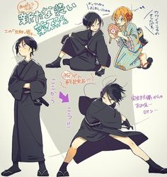 the image shows four anime characters drawn in a manga style. the characters are all dressed in traditional japanese clothing, with two wearing black kimonos and one wearing a blue yukata. the characters are in various poses, with one character holding a sword, another character in a fighting stance, and another character holding a fan.  the image is drawn in a loose, expressive style, with a focus on capturing the personality and energy of the characters. the image is also full of small details, such as the folds of the fabric and the expressions on the characters' faces.