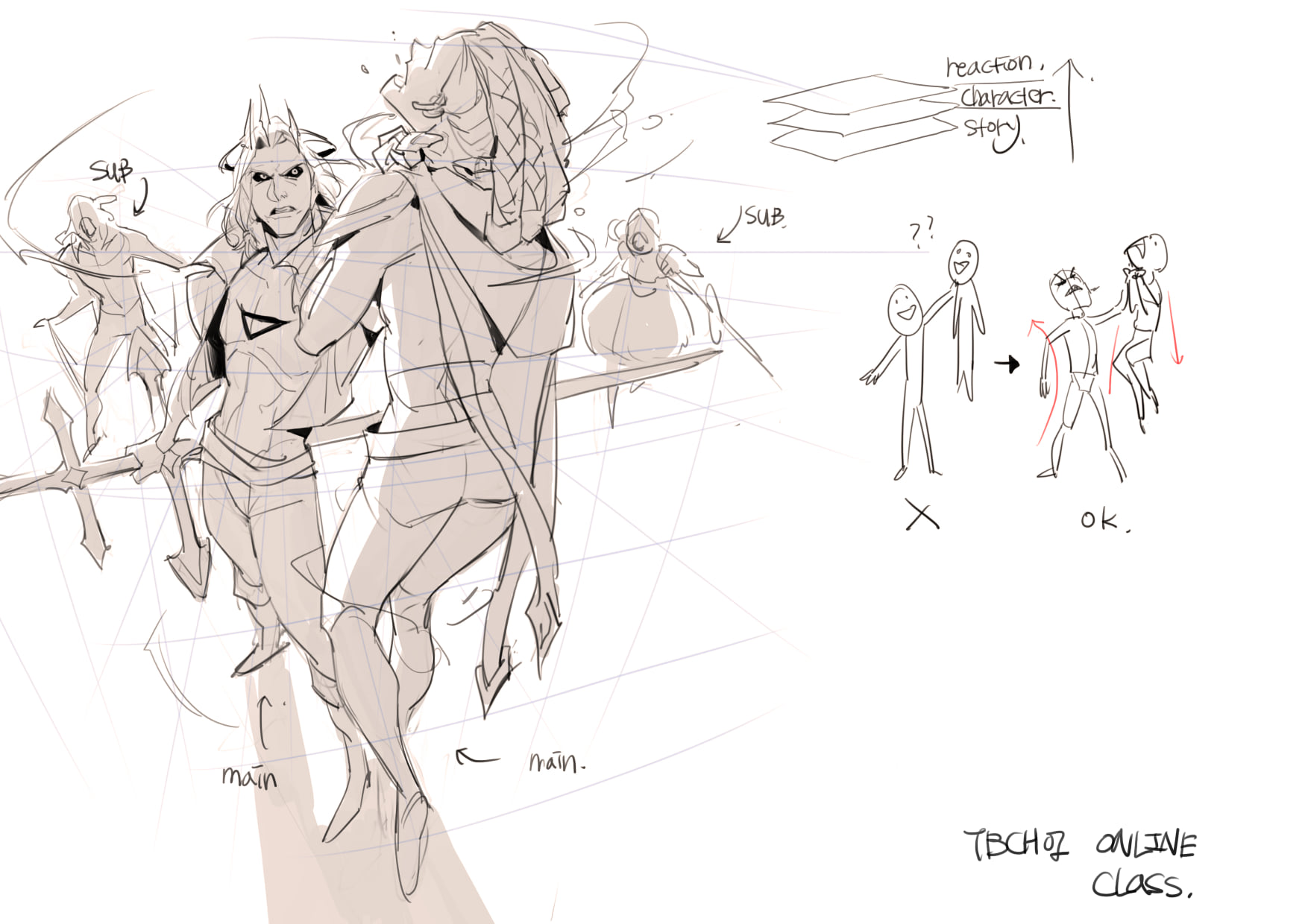 he image is a digital sketch showing a concept art piece featuring two main characters in a dynamic pose, one seemingly holding or supporting the other.  there are also smaller, less detailed sketches illustrating subcharacters and a simple storyboardlike sequence showing character interaction and movement.  the artist's notes include terms like "main," "sub," "reaction," "character," and "story," indicating the purpose is to develop character design and story visuals.  the bottom right corner shows "tbchoz online class" suggesting the image is part of an online art lesson.  the overall style is loose and expressive, typical of preliminary design work.