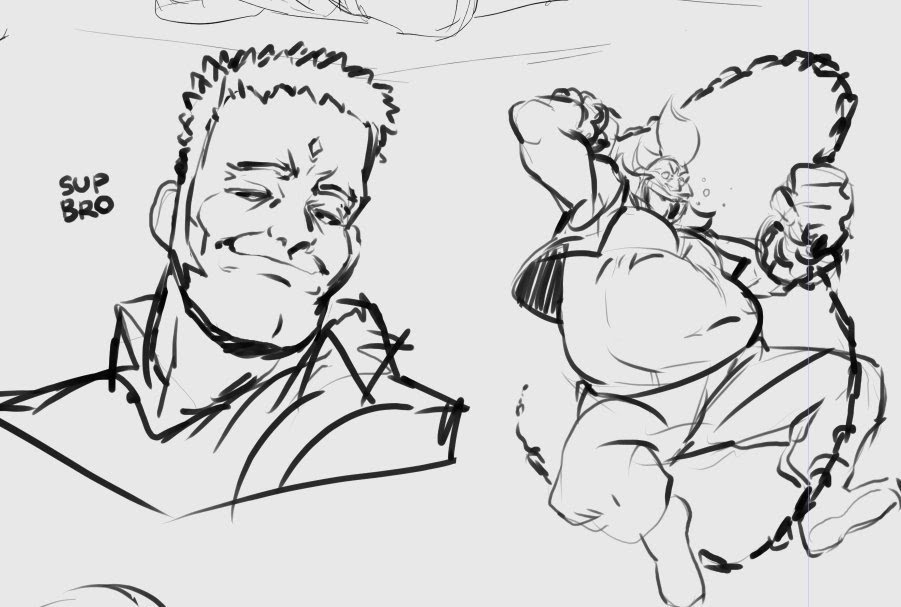 a sketch of two men, one is a casual man with a smirk and a casual shirt. the other man is a more cartoonish man with a big belly wearing a shirt and pants with one hand on his head and the other on a chain that is wrapped around him. the sketch is unfinished, but it shows the basic outlines of the characters. the men look like they could be in a comic book. the man on the left has a casual pose, while the man on the right looks like he is in action. the sketch is done in a simple black and white style.