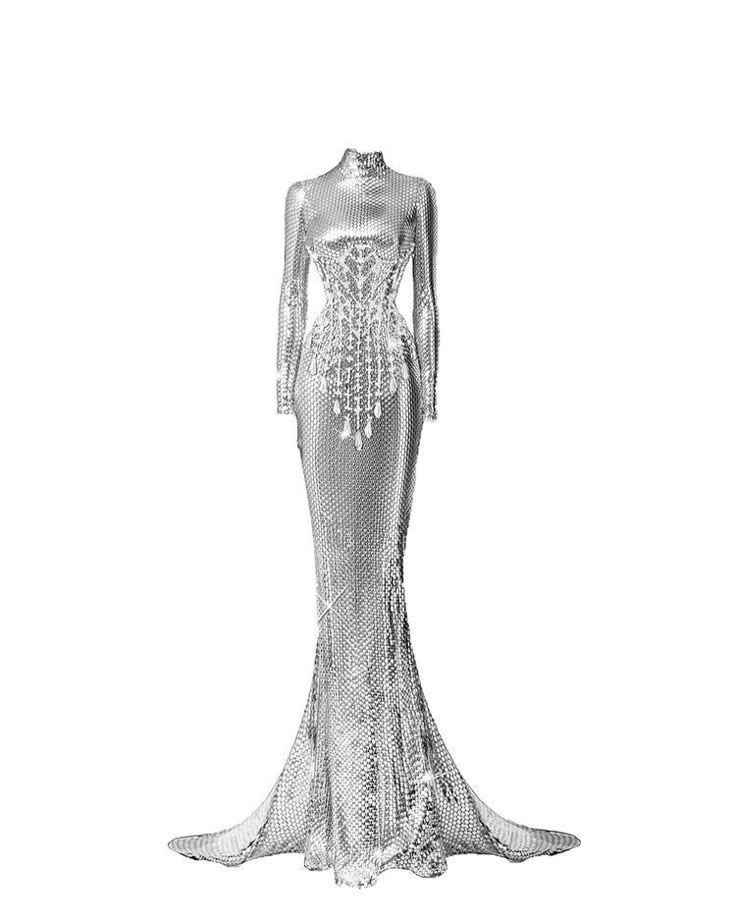 a silver, fulllength evening gown with long sleeves and a turtleneck. the dress is adorned with sequins and beads, featuring embellishments on the bodice that create a corsetlike appearance. the gown has a mermaid silhouette with a train. the dress is displayed against a plain white background.