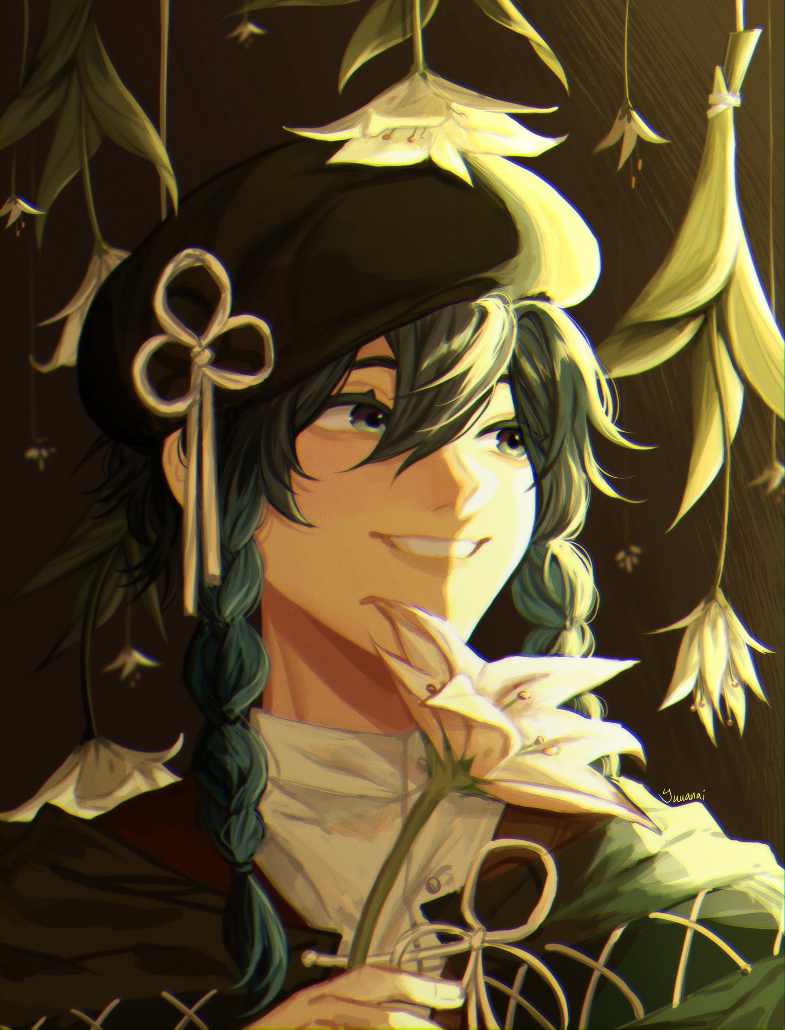 a digital illustration of a young anime girl smiling with her head turned to the side. she is wearing a black beret and a white shirt with a green jacket over top. she has black hair and eyes and is holding a white flower in front of her. she is surrounded by white flowers and green foliage.