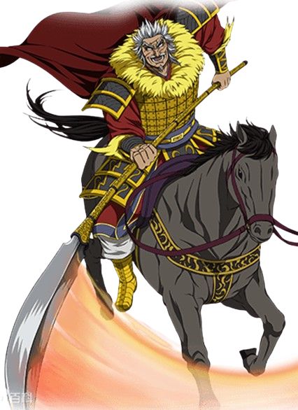 an anime character, a warrior with white hair and a beard, is depicted riding a black horse, holding a sword in his hand. the image is designed in a bold and dynamic style, with an emphasis on action and movement. the warrior's clothing and armor are richly decorated, and the horse's mane and tail are flowing in the wind. the sword in the warrior's hand appears to be glowing. the entire illustration is set against a white background, enhancing the image's vibrancy and creating a striking contrast.