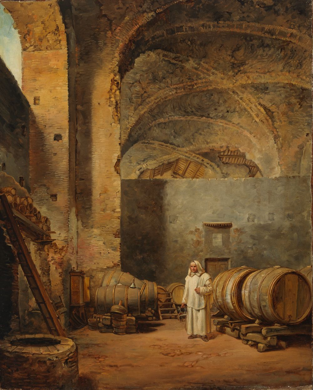 the painting depicts the interior of an old winery or cellar. a monk in a white robe stands in the center, holding keys. he is surrounded by large wine barrels. to the left, a well is visible with a ladder leading up to stacked barrels. the architecture includes arched ceilings and brickwork, giving the space a historical feel. a doorway can be seen in the background. the composition captures a scene of winemaking in a traditional setting.