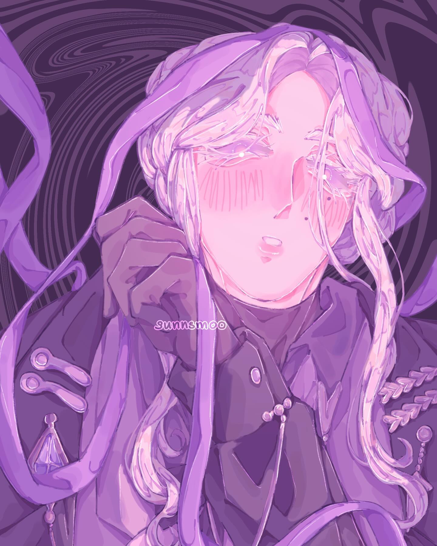 a digital illustration of a young woman with long white hair and purple ribbons tied around her head and body. she is wearing a black jacket with a dark purple ribbon around her collar. she has a sweet, innocent look in her eyes. her face is lightly blushed. the background is a swirl of purple.
