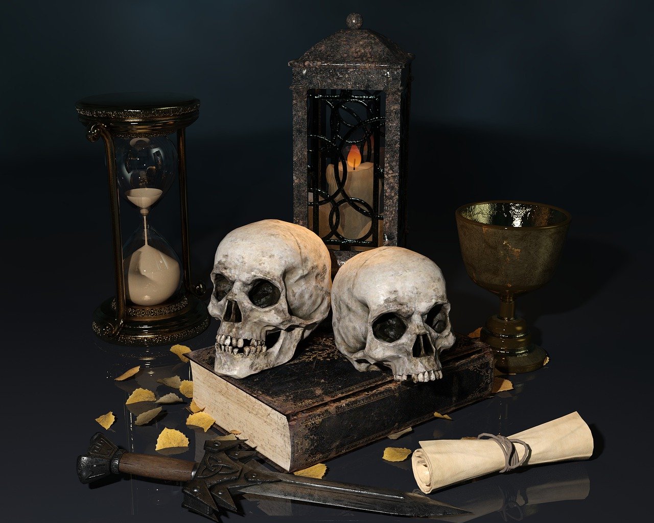 a still life arrangement of gothicthemed objects including two skulls resting on top of an old book, a glass hourglass, a stone lantern with a candle inside, a gold chalice, a rolled scroll tied with string, and a dagger. scattered yellow leaves add to the morbid atmosphere. the objects are set against a dark background with a reflective surface.