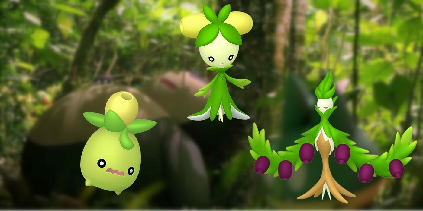 he image shows three 3d models of pokémon from the game pokémon go. they are morelull, its evolution shiinotic, and another stage of evolution, all rendered against a blurred background of a lush green forest.  the pokémon are stylized representations of plants and fungi. the models are detailed and capture the distinctive features of each pokémon.  the image suggests the context of a pokémon go gameplay experience where players encounter these creatures in the real world via augmented reality.