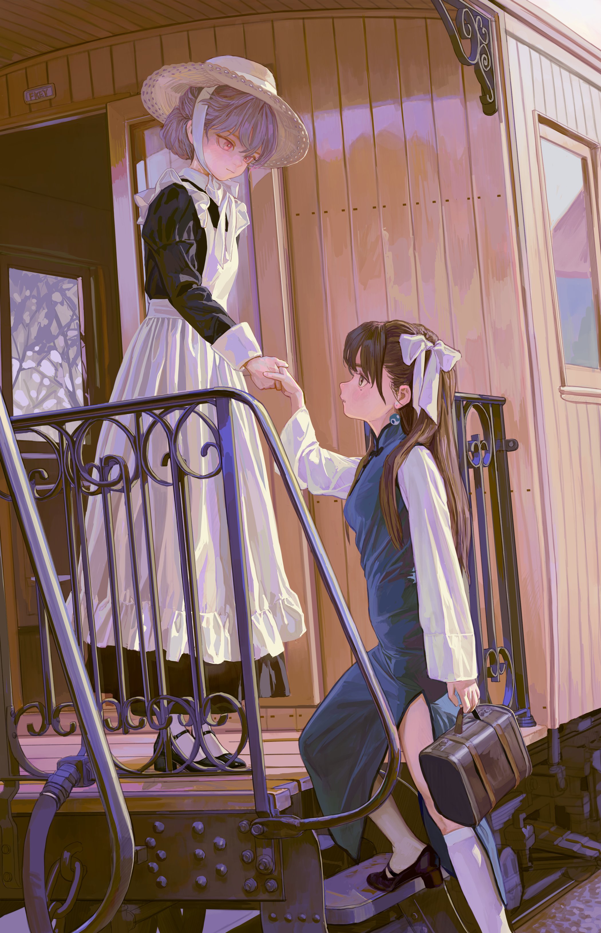 two women are pictured, one in a long white dress and hat is helping the other woman in a long blue dress with white sleeves up the steps of a train. the woman in the blue dress has a brown suitcase in her hand.