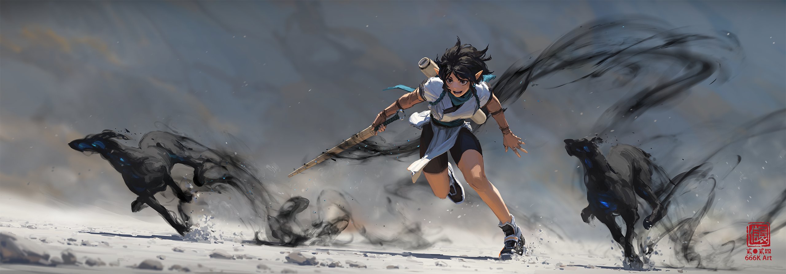 the artwork depicts a young female warrior with short dark hair,  running swiftly across a snowy landscape. she's wielding a long staff, and dark, inky trails resembling smoke or shadow swirl behind her and alongside two similar dark, almost wolflike creatures that seem to be bound to her. her attire is light and practical, suggestive of a nomadic or adventurous lifestyle. the overall style is dynamic and actionpacked, combining fantasy elements with an anime/manga inspired aesthetic. the background is a hazy, muted grey, focusing attention on the vibrant movement of the figure and her companions. the artist's signature or watermark is visible in the bottom right corner.