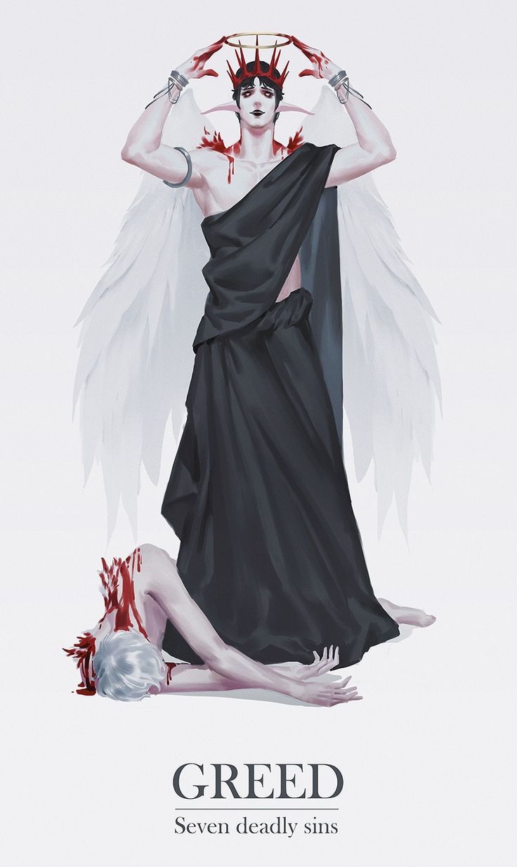 an illustration of the deadly sin of greed. a figure with white wings, a crown, and a black robe stands with hands up, blood dripping from its hands. a body lies on the ground at its feet with blood flowing from its wounds. the illustration is titled "greed" and "seven deadly sins" and is set against a white background.